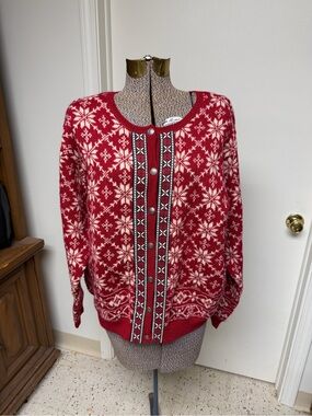 Talbots Nordic Fair Isle Wool Blend Cardigan Sweater XL Red Snowflake Vintage